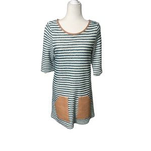 Anthropologie Post Card Textured Knit Stripped Dress Faux Leather Pockets M